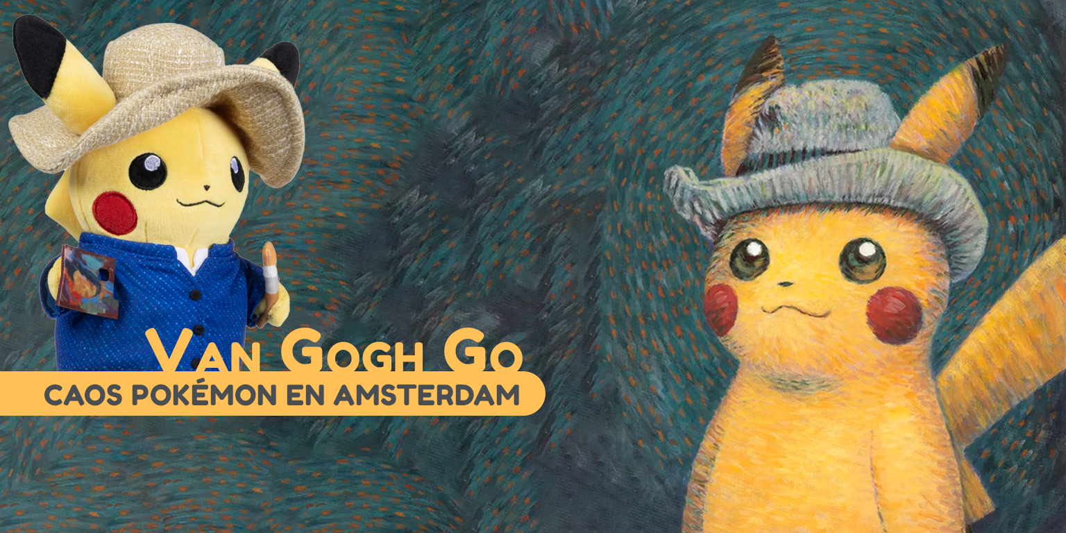 Pikachu pintado al óleo al estilo Van Gogh junto a un peluche de Pikachu con cosplay de Van Gogh.