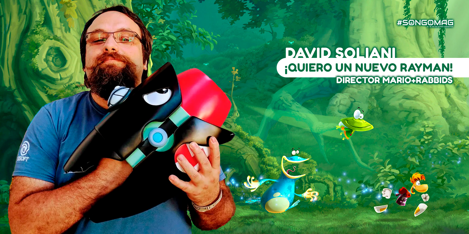 Davide Soliani sosteniendo arma de Mario + Rabbids con fondo de jungla de Rayman Legends.