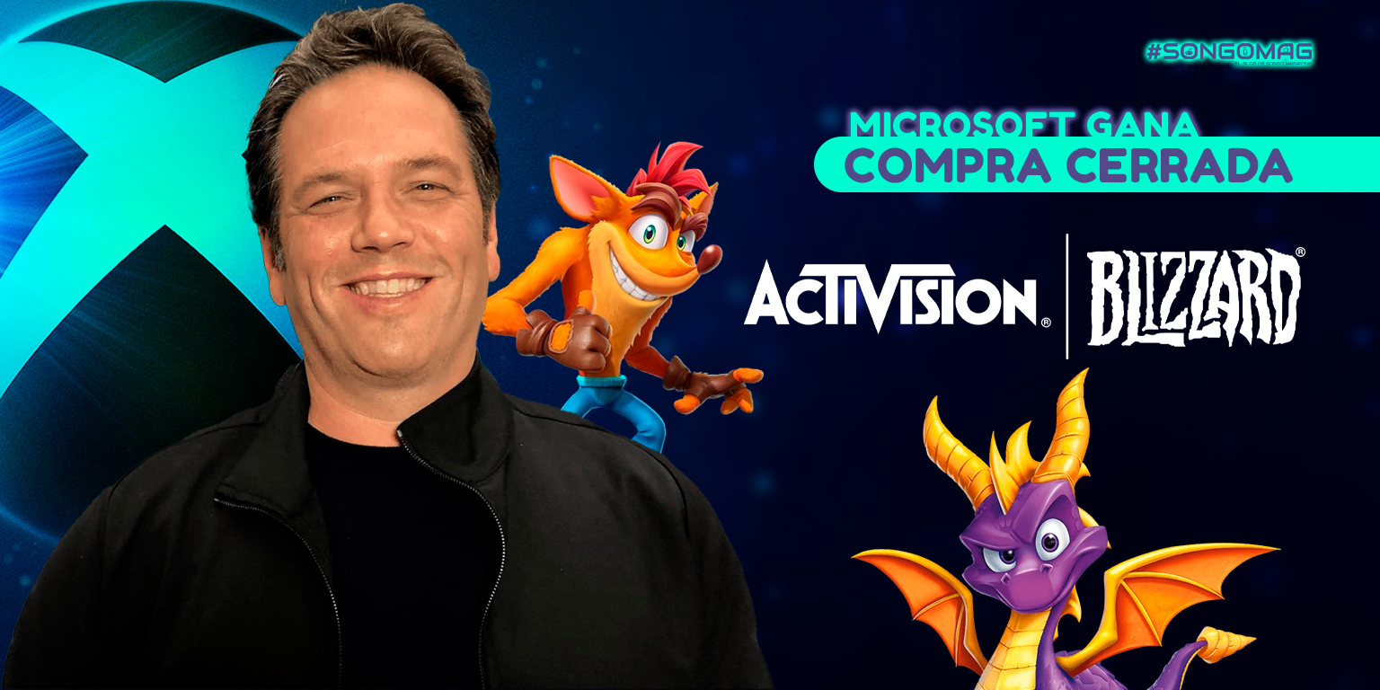 Phil Spencer, líder de Xbox, sonriendo con fondo del logo de Xbox; Crash Bandicoot de Activision y Spyro de Blizzard.