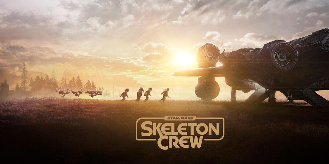 Nave espacial y niños corriendo al atardecer en Star Wars: Skeleton Crew