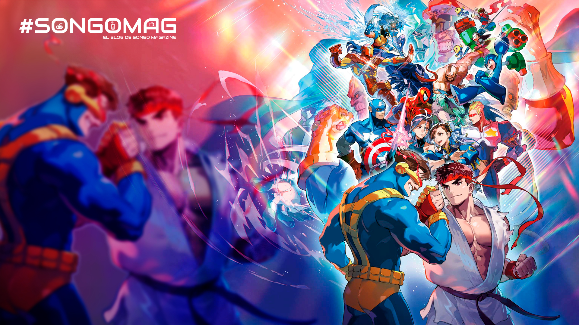 Marvel vs. Capcom Fighting Collection: Cyclops enfrenta a Ryu en una batalla épica con personajes de Marvel y Capcom.